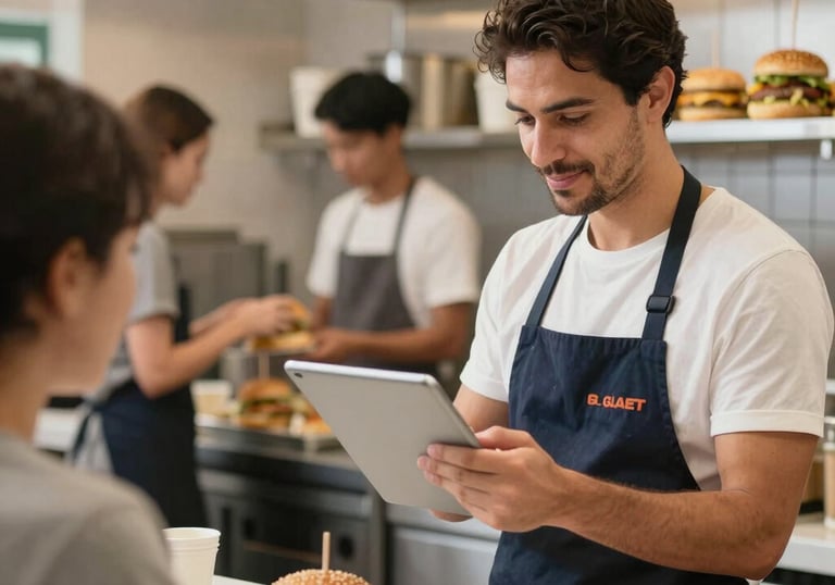 Diagram showing steps of the Fast Burger method on a chalkboard in a rustic burger shop