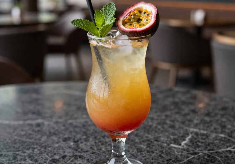Still life photography of a colorful tropical cocktail with passion fruit and mint, set on a dark gray marble surface in a South American luxury lounge, soft natural light.