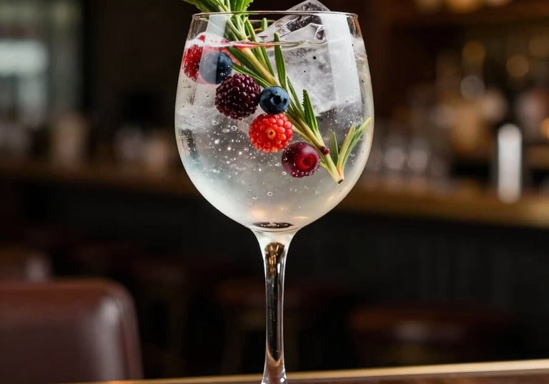 Photography of a gin and tonic with botanical berries and herbs, vibrant colors, premium glassware, soft bokeh background of a high-end Brazilian lounge.