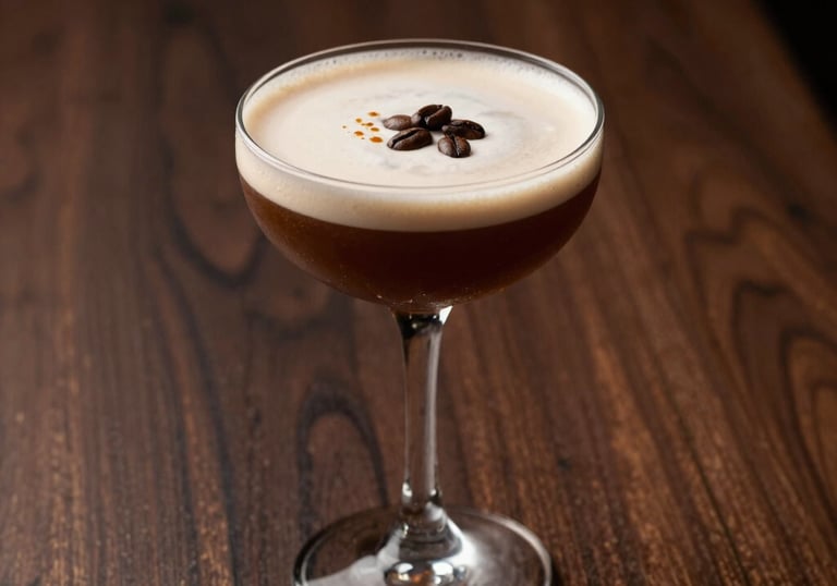 Moody photography of a coffee-based cocktail in a coupe glass, garnished with roasted beans, set against a dark walnut wood background in a sophisticated bar.