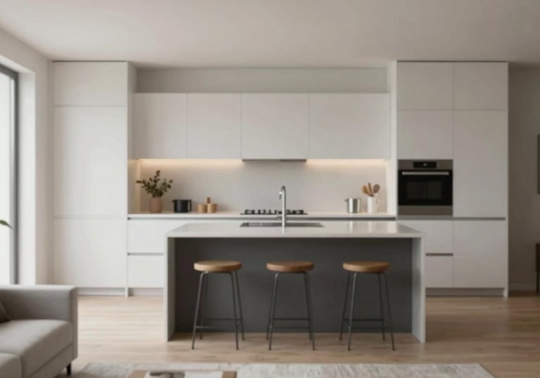 A high-end, minimalist Scandinavian kitchen and living space, showing the premium quality of properties managed by the agency. Natural light, clean lines.
