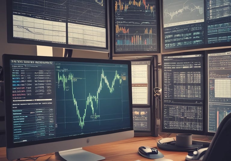 A clean workspace featuring multiple monitors displaying forex order blocks and liquidity zones.