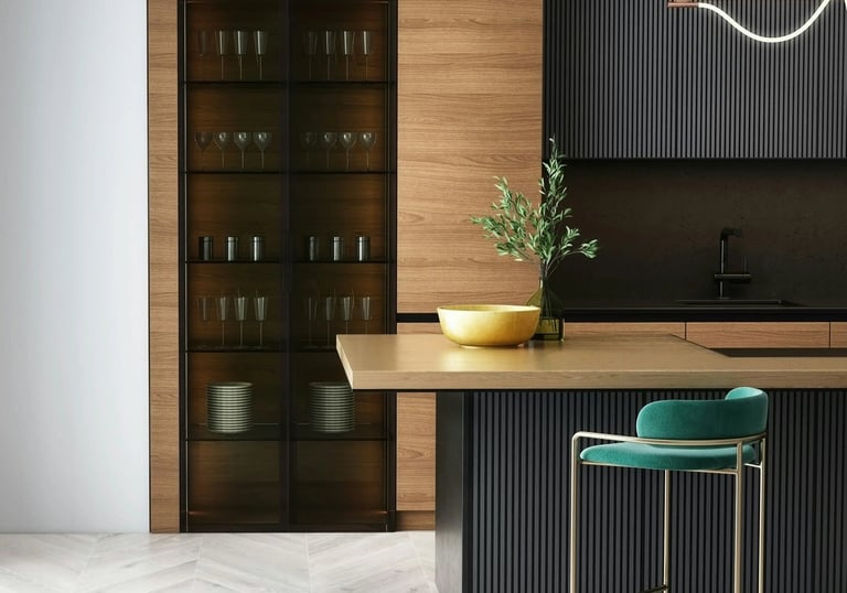 Cuisine noir et bois sur mesure avec îlot central, conception et installation par cuisiniste à Caen Baïa Home