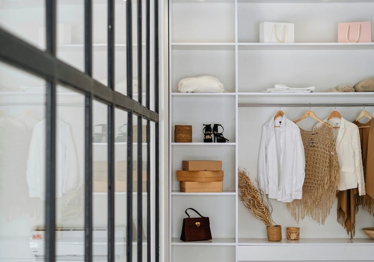 Dressing sur mesure blanc avec rangements ouverts et penderie, réalisation Baïa Home cuisiniste et aménageur intérieur à Caen
