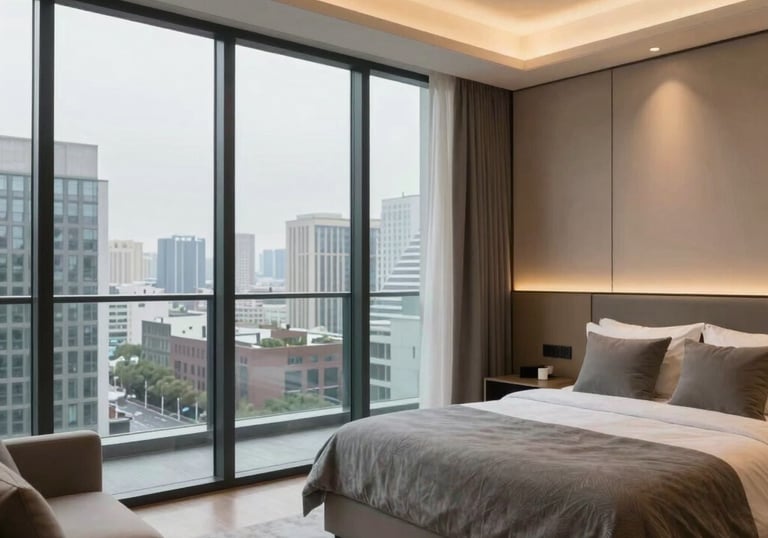 Modern workspace in a luxury apartment with black and pink accents.