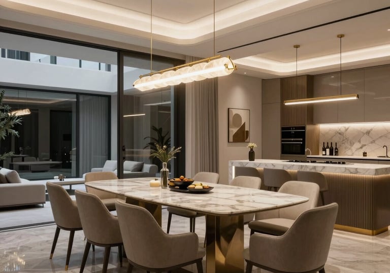 Elegant living room bathed in soft lavender light with plush seating.