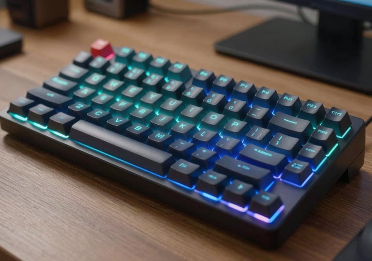 A close-up shot of a high-end mechanical keyboard with custom cyan and electric blue backlighting, located in a professional North American / US home office.
