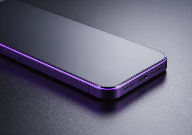 Photography of a modern tech gadget with glowing purple accents on a dark metallic surface in a North American / US studio, sharp focus, clean futuristic lines.