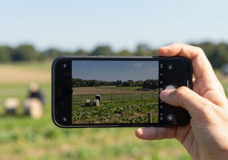 A close-up shot of a smartphone recording a 'Behind the Scenes' video at a local Hudson Valley farm, professional and bright.