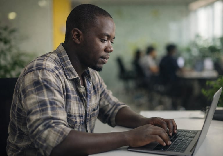 Focused Black businessman working on a laptop at his office desk in a modern workspace.