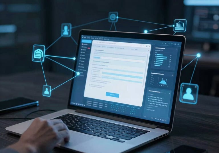 Close-up of a futuristic laptop screen showing a premium website layout with metallic silver accents.