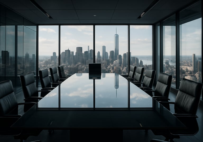 A sharp, professional photograph of a high-tech conference room in a US skyscraper, with sleek glass surfaces and a view of a city skyline.