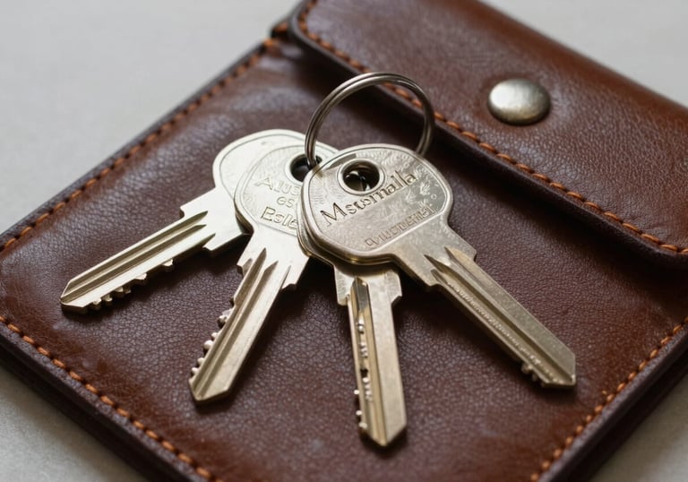 An artistic shot of a set of keys on a leather folder, representing a successful move to Australia and new beginnings.