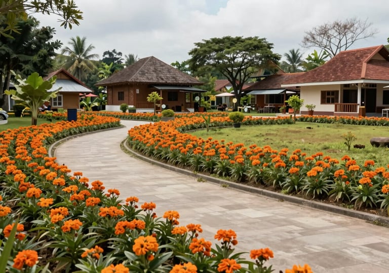A wide professional shot of a rehabilitated Southeast Asian / Indonesian village park after a community project, featuring clean paths and orange flower beds.