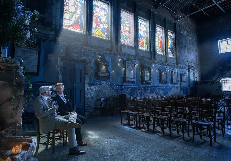 same-sex couple taking a moment to relax after their wedding at The Asylum Chapel Peckham