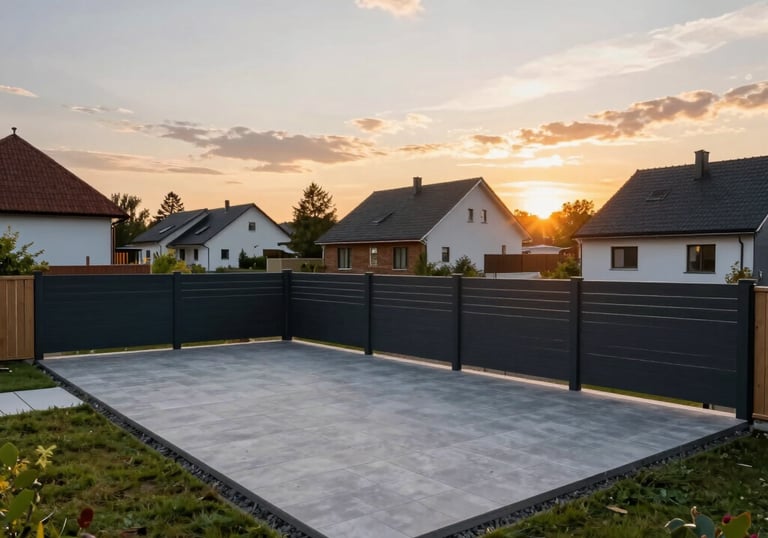 A wide angle sunset shot of a completed modern terrace and fence project in a Lithuanian suburban neighborhood, showing high-end construction.