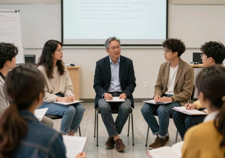 Students engaged in a lively French language class with a friendly teacher.