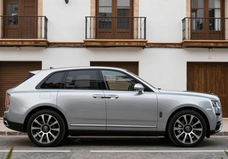 A high-end metallic silver SUV parked in a stylish residential area of Madrid, clean lines, professional luxury automotive photography, Southern European / Spanish architecture.