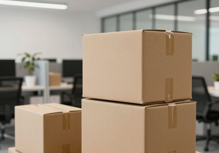 Neatly stacked cardboard boxes and office furniture inside a clean, modern office space being prepared for a move.