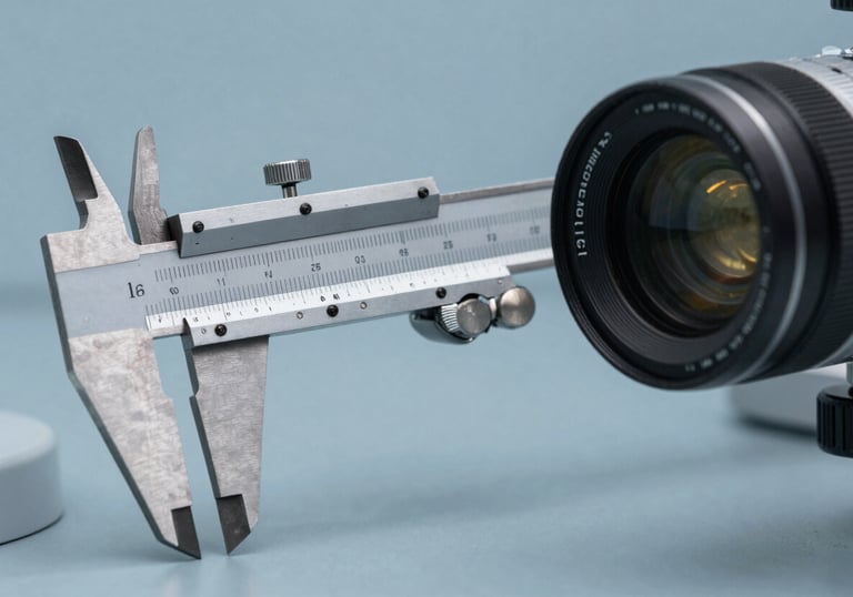 Macro photography of precision measurement tools including calipers and graduated cylinders in a North American / US science lab, professional and clinical look with Dusty Sky Blue tones.