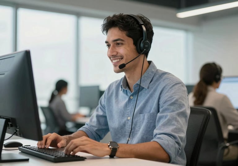 A professional South American IT support specialist with a headset, smiling while working in a bright, modern corporate environment.