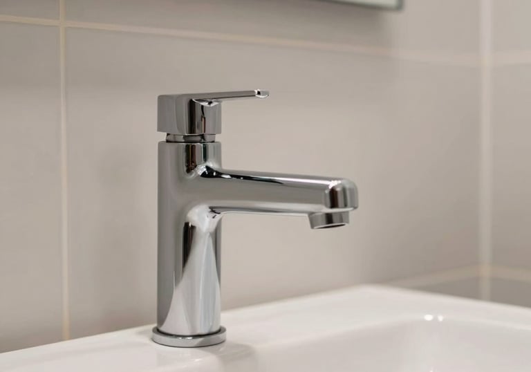Interior of a modern and clean Spanish bathroom showing high-quality faucet installation and flawless tiling, soft and professional lighting.