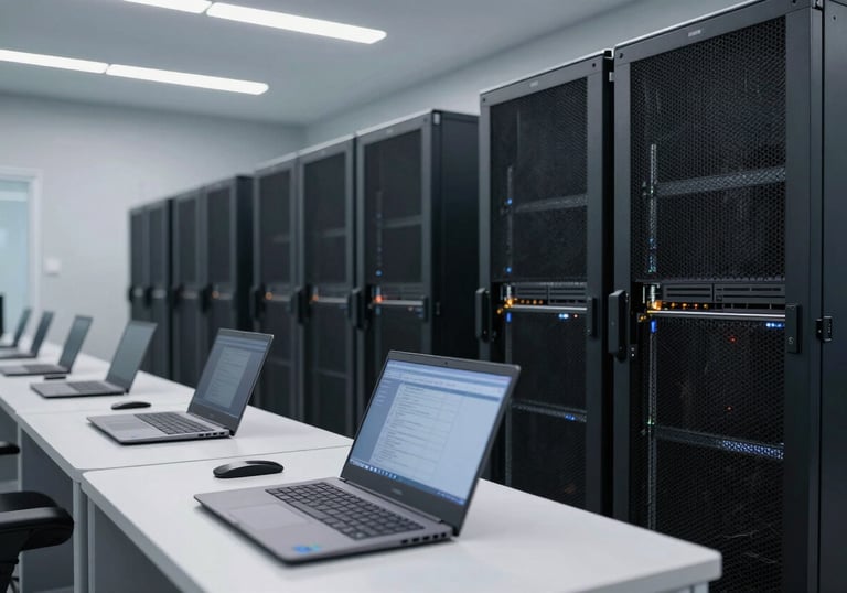 Clean photography of high-performance laptop computers and professional servers in a modern, light grey Middle Eastern / Gulf tech facility, soft professional overhead lighting.