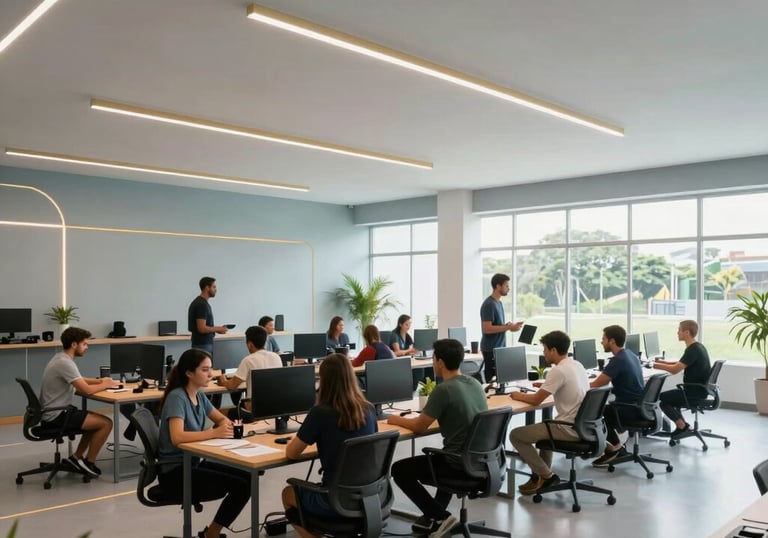 A wide shot of a modern training facility in Brazil, people interacting in a collaborative workspace, bright and airy environment, high-end photography, light blue-gray and gold details.