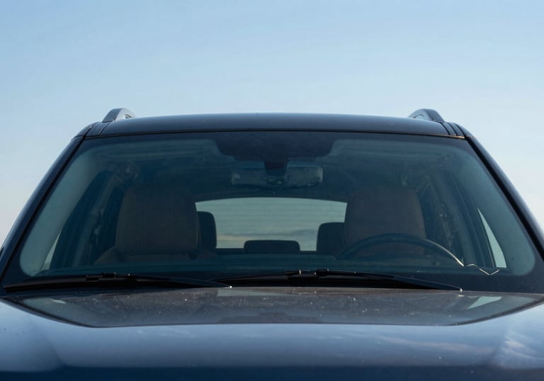A wide-angle photo of a clear, perfectly installed windshield on a luxury SUV, reflecting the bright sky blue of a North American afternoon, ultra-clean finish.