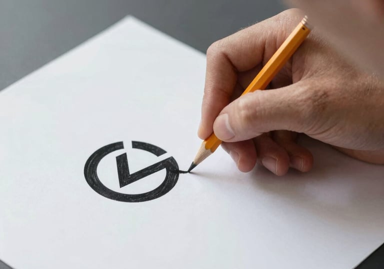 A designer sketching logo ideas on paper with colorful markers.