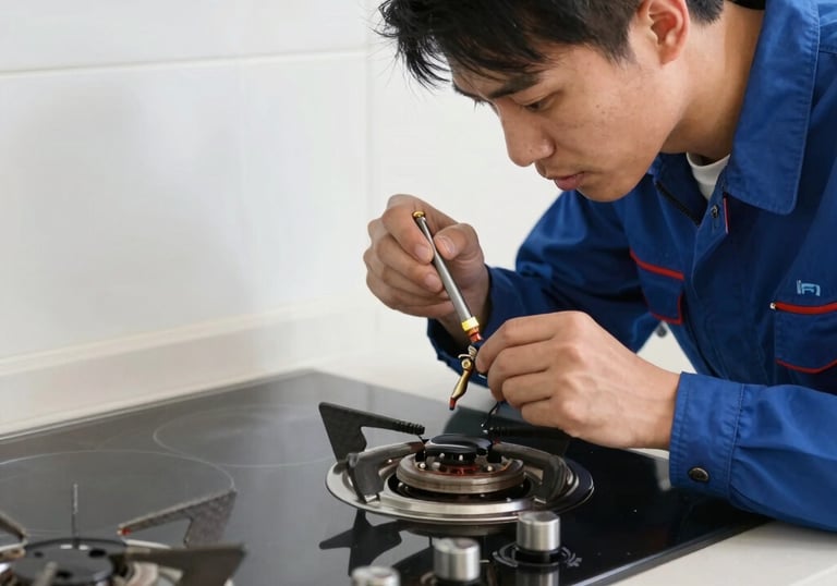 Close-up of stove burners being fixed with professional tools.