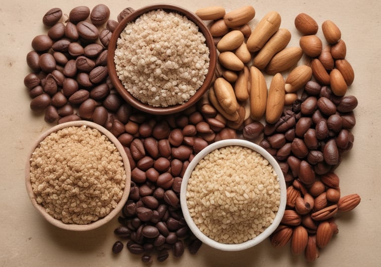 Close-up of fresh Bolivian quinoa, coffee, and cacao beans displayed on a rustic wooden table.