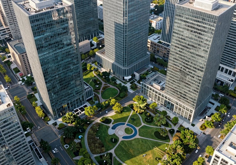 An aerial view of a sustainable modern city park surrounded by glass office towers, North American / Global Business location, bright lighting.