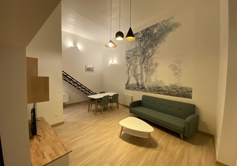 Séjour rénové avec papier peint panoramique, salon contemporain et espace salle à manger.