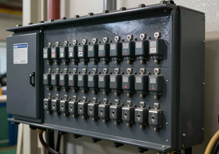 A neatly organized large commercial fuse box in a North American / US facility, showcasing professional midnight charcoal and deep slate grey hardware.