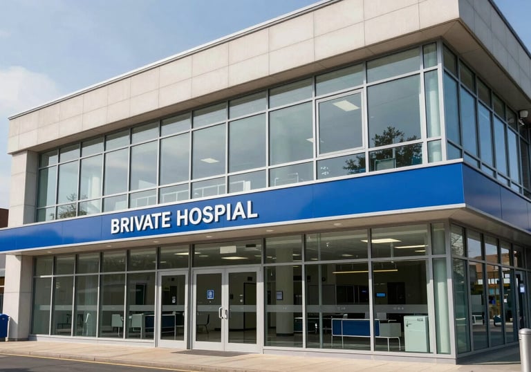 The exterior of a modern, well-maintained European / British private hospital with clean glass windows and blue signage, daytime lighting, professional architectural photography.