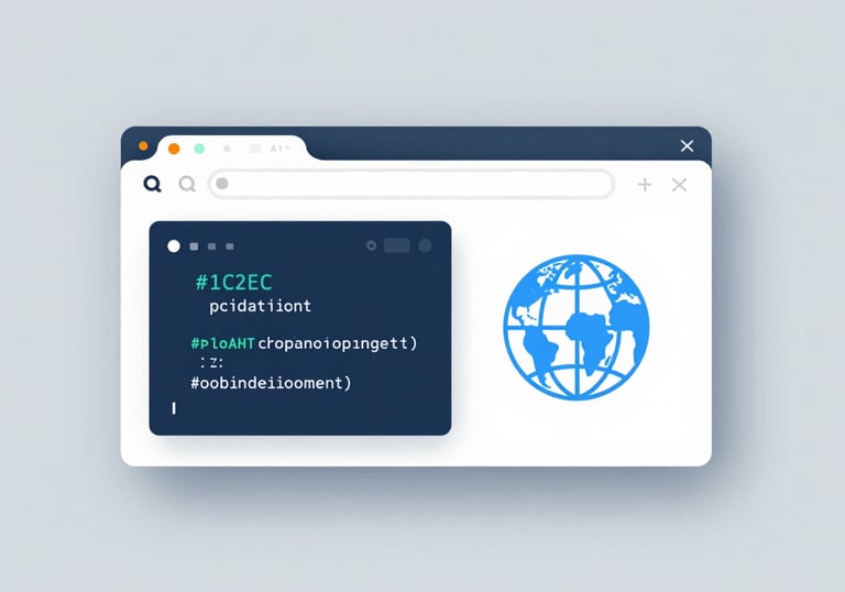 A minimalist graphic of a browser window with floating code elements and a globe icon, utilizing #1C2E3C and #3A8D9B colors to represent global web development.