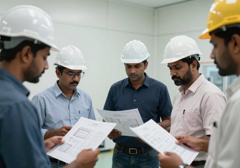 A group of professional engineers in hardhats reviewing floor plans in a modern South Asian / Indian cleanroom construction site with soft off-white walls.