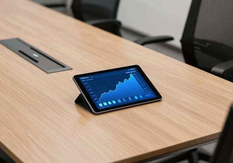 A modern boardroom table in a North American / US office with a tablet showing royal blue data trends, surrounded by ergonomic chairs.