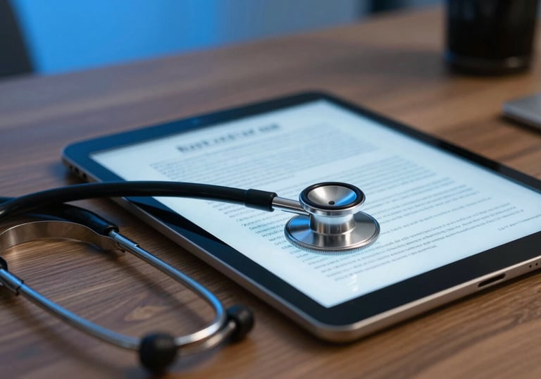 Close-up of a tablet displaying medical study notes and a stethoscope on a wooden desk in a Southern European / Italian home office, professional sky blue lighting.