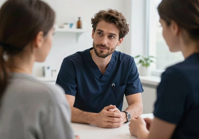 A professional in a dark navy blue uniform talking kindly to a patient in a bright Southern European / Italian clinic, professional and supportive vibe.