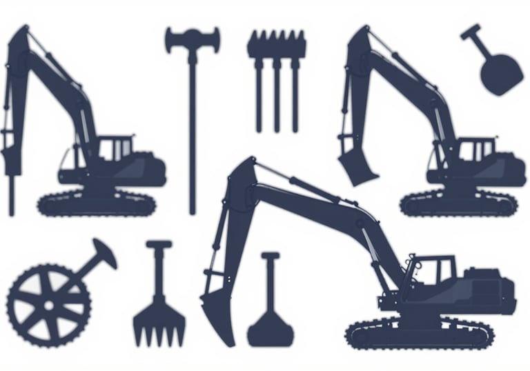 An organized array of heavy demolition tools and heavy machinery silhouettes, showcasing the industrial operations capability of Andrew Horan. Clean lines and #1A2C3D shadows suggest reliability.