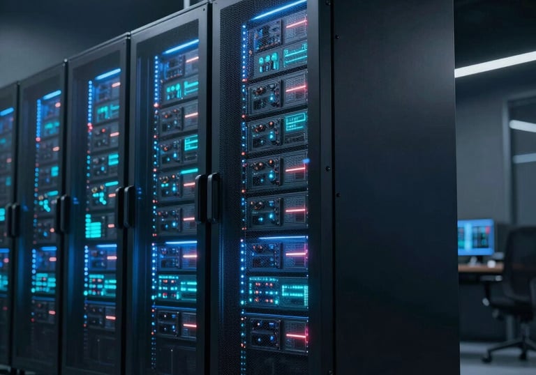 Engineers collaborating over digital blueprints with solar panels in the background.