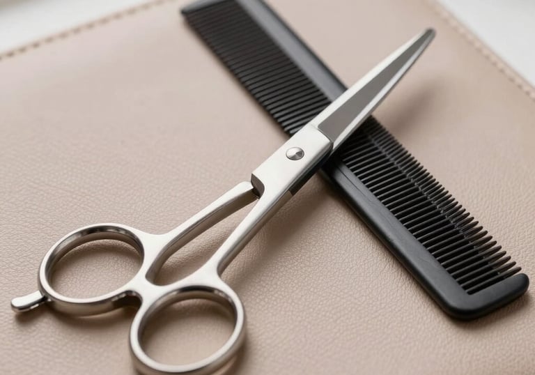 Macro photography of professional salon tools including silver scissors and a fine comb resting on a taupe leather surface in a bright studio.
