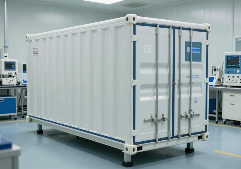 A photograph showing a specialized, temperature-controlled pharmaceutical shipping container being sealed. The setting is a clean, organized logistics bay of a high-tech facility, conveying reliability and safety.