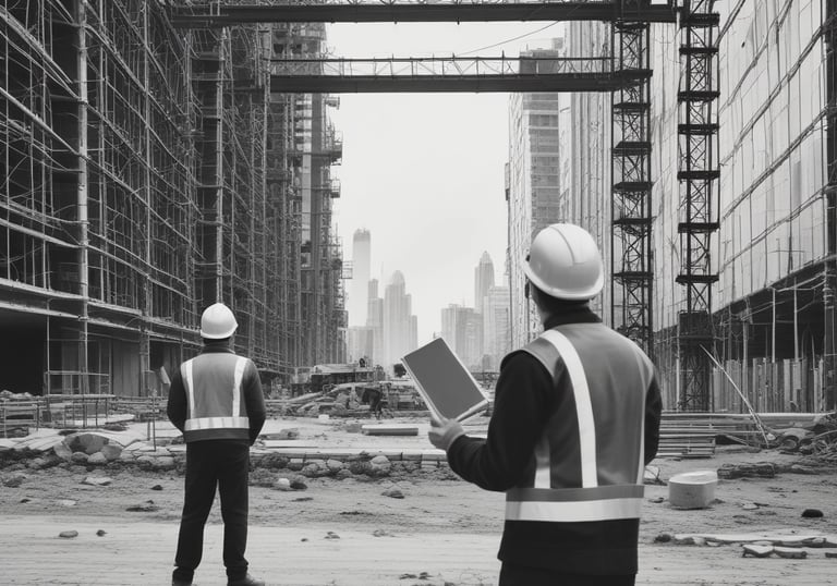 Construction site with project managers reviewing plans and progress.