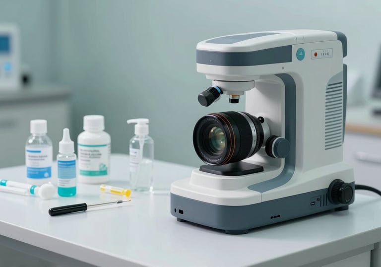 Modern medical diagnostic device and professional medical supplies arranged on a white table. High-key lighting, soft teal and deep gray accents.