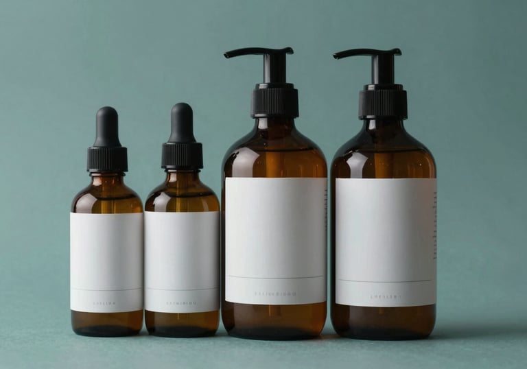 Luxury cosmetic bottles with minimalist labels on a clean teal background. Professional studio photography, soft lighting, Northern European aesthetic focusing on purity and quality.