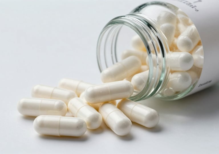 White capsules spilling out of a pharmaceutical glass jar. Clean, bright, sterile studio lighting, Northern European pharmaceutical style.