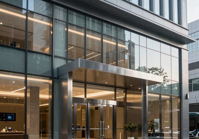 Photography of a sleek, modern glass and steel storefront entry system for a large North American corporate headquarters, emphasizing clean lines and expertise.